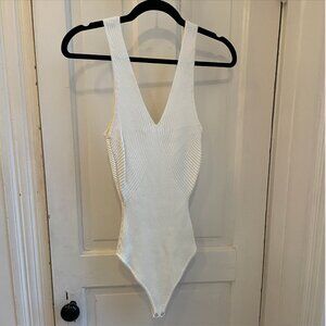 Abercrombie & Fitch Ribbed Knit Bodysuit Beige V-Neck Sleeveless - Size Medium